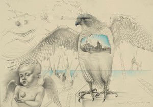 Da Vinci, tocado por el halcón. Lápiz, 60 x 98 cm. 2008